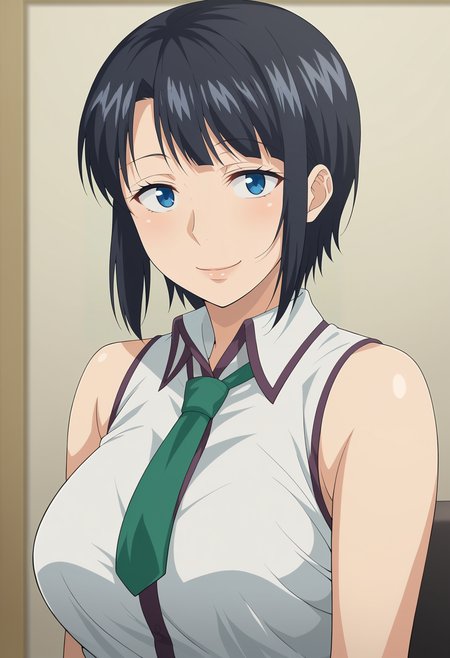 <lora:Kanako_Yoshino-Hajimete_no_Hitozuma:0.8>,Kanako,mature female,1girl,solo,black hair,short hair,blue eyes,breasts,necktie,sleeveless,shirt,smile