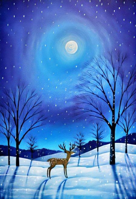 <lora:StylizedNightscape_IXL:1.0>,   N1ght, sky, day, tree, blue sky, animal, moon, star (sky), nature, snow, starry sky, blue theme, snowing, winter, bare tree, landscape, deer, reindeer