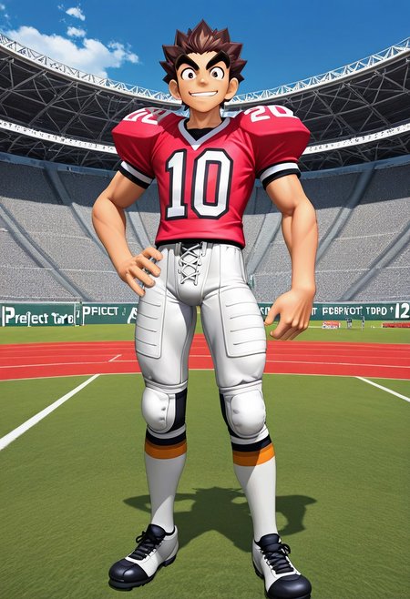 PVC figure, 3d, realist PVC, official art, male, High Quality, perfect anatomy, HD, anime style, break
TAROU RAIMON, 1boy, alone, brown hair,  thick eyebrows, dark brown eyes, athletic build, smiling, posing, looking at viewer, football uniform, tight uniform, red and white uniform, football field