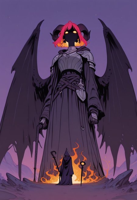 score_9, score_8_up, score_7_up, masterpiece, best quality, very aesthetic, SMN0UV34UDSK, art nouveau, 1woman, incoth, (incase:0.6), detailed face, (dynamic:1.2), demon, balrog woman, curled horns, giantess, cliff, abyss, violet flames, glowing whip, whip, huge wings, glowing eyes, glowing hair, armor, knight's armor, swinging whip, badass, dark, epic, perspective, (mage, robe, staff), belle époque, jugendstil, secession, liberty, guimard, mucha, klimt, fin de siècle