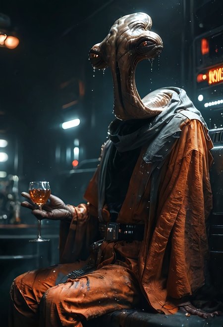 score_9, score_8_up, score_7_up, score_6_up, photo,  ithorian hammerhead alien, orange flightsuit, star wars cantina, sitting, alcohol, solo, skin texture, moist skin, pores, dynamic lighting, detailed shadows, dim light, ExpresHGothicNeonIncase