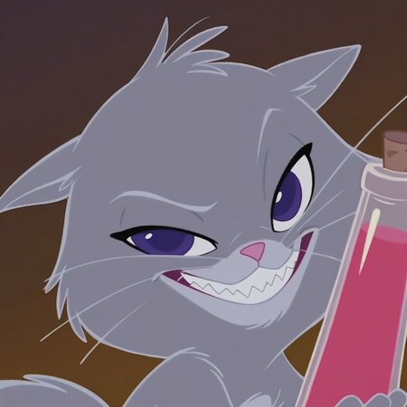 score_9, score_8_up, score_7_up, Expressiveh, masterpiece, best quality, highly detailed, realistic, zPDXL3, 1girl, solo, (CatYzma, furry, feral, feline, female cat, grey body, grey fur, dark-purple eyes, pink nose, 3 whiskers, fluffy tail, evil smile, sharp teeth), closed mouth, looking at viewer, smile, narrowed eyes, close-up, (purple background, simple background, vile, holding vile, 3 fingers)