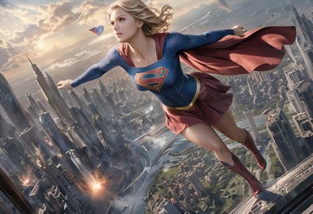 (best quality, masterpiece, colorful, dynamic angle, highest detailed) realistic portrait beautiful concept art of Supergirl scene when she flies through the multiverse