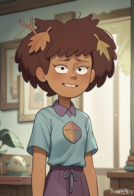 score_9, score_8, score_7, score_6,
triplevexx, 1girl,, anneboonchuy, brown hair, dark-skinned female, leaf hair ornament, short hair