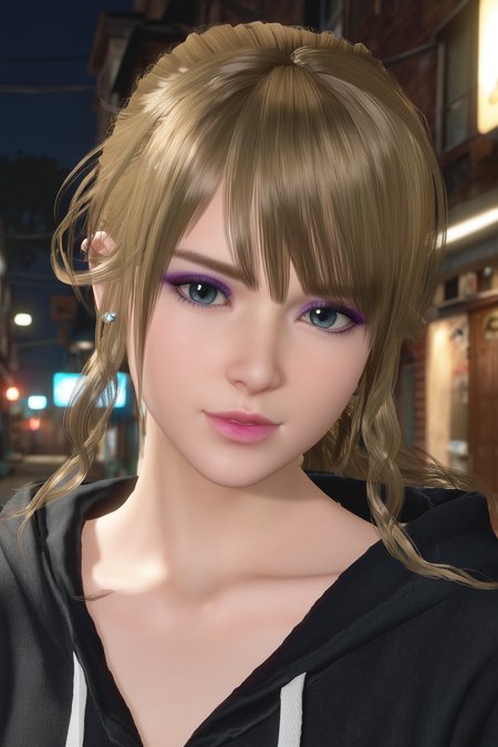 score_9,score_8,score_7_up,best quality,high detailed,realistic,  monica \(doaxvv\), 1girl, solo,grey eyes, blonde hair, swept bangs, wavy ponytail, wavy sidelocks, looking at viewer,p(blue lips),parted_lips, v-shaped eyebrows, black eyebrows,black eyelashes, purple eyeliner, sliver ear stud, moody nighttime atmosphere,oversized hoodie,hoodie down, oversized clothes, punk, collarbone,close-up,from side,   rim lighting,dark moody, low-light.night,street,alley,                               <lora:doa_monica_pdxl_v11:0.7500000000000001>