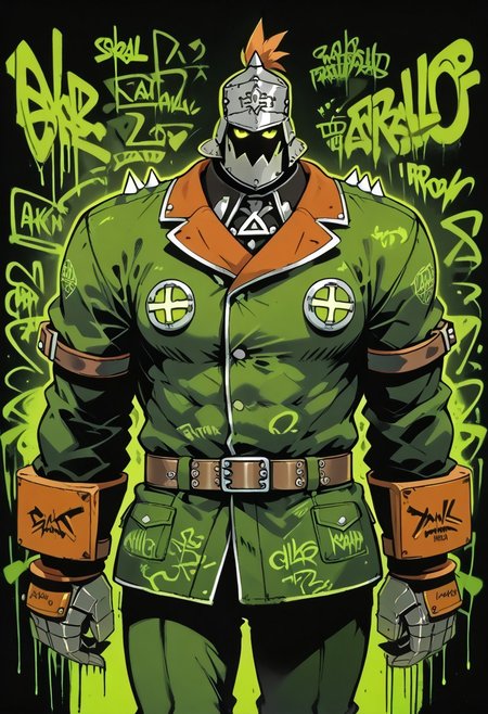 score_9, score_8_up, score_7_up,
source_anime,zPDXL3,
BREAK 
1male,soro,ggstpot, muscular male, helmet, green jacket, spikes,gauntlets,belt,pants,
BREAK 
blgStyle, black background,graffiti, flat lighting, monochrome, 
green theme,brown theme,green outline,
extremely detailed , detailed background,
cowboy shot,
diagonal angle,
looking at viewer