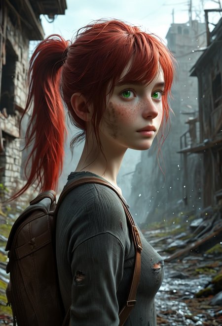 score_9, score_8_up, score_7_up,  1woman,  Masterpiece, 4k, ultra high detail, 21yo, small_breast_size, long red ponytail hair, fcNeg, stunning green eyes, freckles, white skin, small nose, innocent beauty, slim cute face,  skinny body, red hair, 
Alerted look, dry tears, dirty clothes, dirty face, 
 particles, 
Dark sky with stormclouds, ash, falling Ash like dark snow, ruins, wasteland, cityruins, torn gamershirt, torn dirty skinny jeans, dirty clothes, used backpack,
End of the World, 
negative_hand, NightScapes, ng_deepnegative_v1_75t,