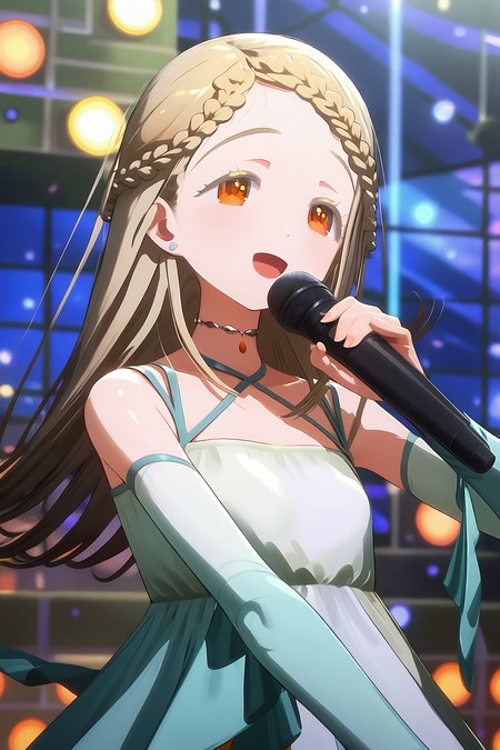 score 9, score 8 up, score 7 up, rating explicit,
detailed background, upperbody, skinny,
orange eyes, detailed eyes, blonde hair, open mouth, singing,
hiro shinosawa, dress, holding microphone, dress, light smile
shiny skin,  <lora:cavour.pony:1>