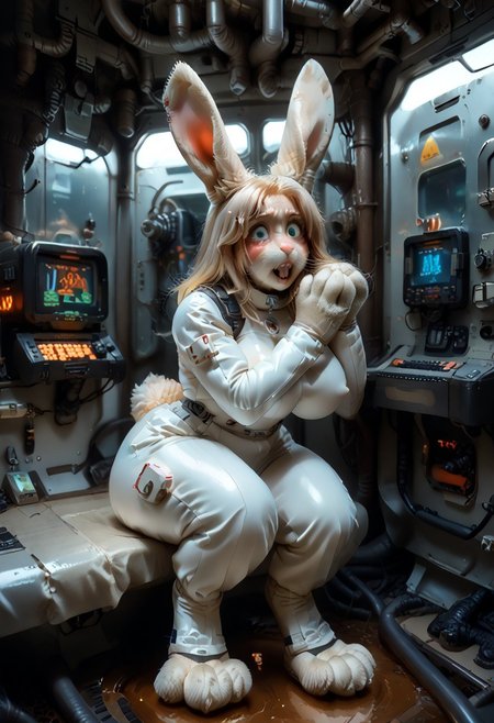 Solo, waist up photograph, futuristic skin-tight spacesuit, A beautiful Scottish woman, petite, red hair, long wavy style, 40 years old, subtle wrinkles around eyes and mouth, solo, human, her eyes are green rabbit eyes, (curvy hips:1.5), short stubby paw fingers, paw pads on fingers and palm, she is looking at her hands, fingernails are rabbit claws, hands are paw like, paw pads on fingers and palm, uneven transformation, her ears are transforming into rabbit ears, her nose is transforming into a rabbit  nose, (((her nose is a dark pink rabbit nose))), anthro face, _ANIMAL_ face, _RABBIT_ _EYES_, _RABBIT_ _NOSE_, expresiveh, standing in a futuristic spaceship, blush, freckles, Rabbit teeth, rabbit nose, moist rabbit  nose, her nose is textured like a rabbit nose around her nostrils, her top lip is split like a rabbit lip, whiskers are growing from her top lip, biting her bottom lip in confusion, futuristic skin-tight spacesuit, her human ears are hidden by her hair, retroscifi, breast expansion, huge breasts, ass expansion, (thick thighs, digitigrade, bottom heavy, rabbit legs, rabbit feet, rabbit paws), 
futuristic spaceship c0rr1d0r, (heavy breath, aroused, trembling, undersized clothing, leaning forward, swirling magic, crackling energy, uiinaba, rabbit_form, hand against face, loss of speech, 1nfl4t4bl3, inflatable transformation)