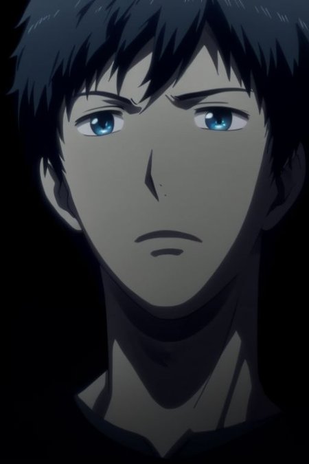 high resolution, solo, best quality, 1Boy, Arata Kaizaki, Portrait, Black Hair, Blue Eyes, cool, Mysterious black background, Movie lighting, a sense of atmosphere, OverallDetail