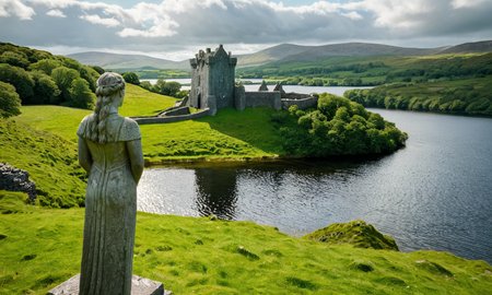 cinematic photo of a ancient castle of Ireland,  sunlight illuminating green hills, a calm lake in the distance, (celtic statue), extremely high quality RAW photograph, highly detailed textures, ultra detailed photograph, <lora:add-detail-xl:0.4>, <lora:Landscape_Master:0.8>, grain, 35mm
