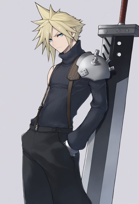 masterpiece, best quality, solo, 1boy, looking at viewer,  <lora:Yasuda-Suzuhito-illus_Fp:1>, simple background, cloud strife, buster sword, planted sword, leaning on object, hand in pocket, shoulder armor, black pants, long sleeves,