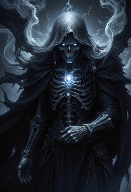 score_9, score_8_up, score_7_up, Halloween theme, /BREAK/  Dark light, Dark theme, Glowing eyes, ice haze, lich, dark fantasy, skeleton, smoke cloth, /BREAK/ hyper detailed, ultra detailed, hight resolution textures, masterpiece, best quality, 32K UHD, ArsMJStyle, dnddarkestfantasy, mythp0rt, Gloomy, smoke cloth,