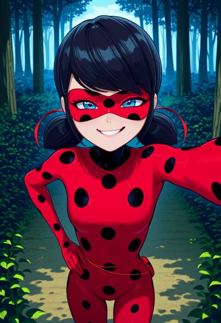 bright colors, detailed background,, volumetric light, vivid colours, standing,
looking at viewer, outdoors, overcast, dark, forest, vines, ponypositive, solo, solo focus, open hands on hip, single eyebrow lifted, smirk,
Miraculous, red suit with black spots all over her body, red mask covering her eyes, shoulder-length black hair with blue reflections tied back in pigtails, bright bluebell eyes,
Smooth Quality,
best quality, hyper detailed, ambient stylish expressive lighting, absolutely eye-catching masterpiece, body extremely close-up view, (facing viewer), forward, face extremely close-up shot, chest focus, selfie,