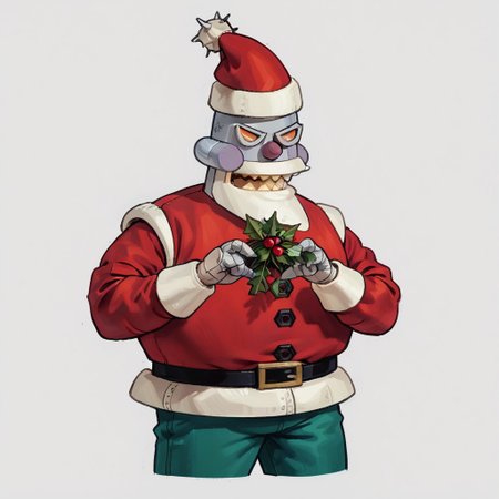 score_9, score_8_up, score_7_up, score_6_up, rating_safe,
r0b0t_s4nta_c1aus, solo, santa hat, santa_costume, pants,  christmas headwear, christmas clothing, solo, laughing manically, handing bombs out disguised as presents,
simple background,