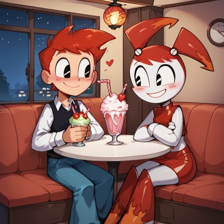 score_9, score_8_up, score_7_up, Jenny, hot rod jenny, red hair, black eyes, gray navel, orange flame accents, joints, android, ((red crop top)), red skirt, red knee boots, blush, sitting, smile, happy, holding hands, detailed background, <lora:Jenny_Wakeman_PDXL_V2:1>, BREAK, sitting at table, male, human, brad, red hair, white shirt, black vest, black eyes, pants, sharing milkshake, drinking, duo, sharing drink, glowing_lora, cafe, 50s style diner, milkshake, indoors, heart reaction, blushing, night, glowing, blush stickers, (((glowing_blush)))