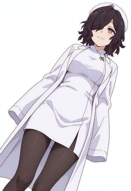 Smooth Quality,masterpiece,very intricate, high quality details, high detailed skin,detailed enviorement,absurdres, 
simple background, white background,dutch angle,
 :3,
 <lora:Kiclacnn:0.8>
Kiclacnn, 1girl, black hair, brown eyes, symbol-shaped pupils, short hair, hair over one eye, 
nurse cap, lab coat, slippers,black pantyhose, pink footwear, sleeves past wrists,