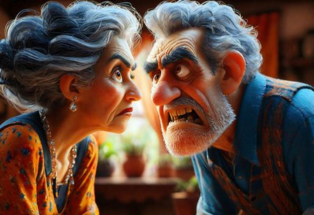 impactful paint of  an  angry  old man looking  at  old woman  <lora:Cute_3D_Cartoon:1>,    highly detailed,   8k,   sharp,  professional, clear,   high contrast, high saturated, , vivid deep blacks, crystal clear
