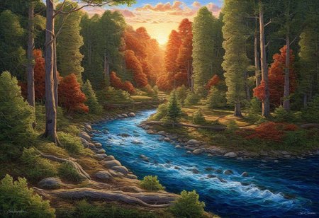 amazing oil painting, of gorgeous view, award winning, breathtaking, 4k, hyperrealistic, dramatic lighting  <lora:Earth35_000010:0.4> <lora:Landscape_Unleashed:0.8>
 "Nature's serene beauty: A tranquil river flowing through a dense forest, with the sun casting a warm glow on the scene."