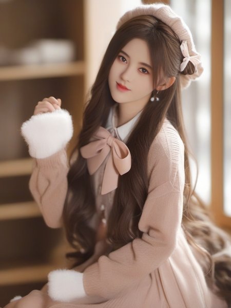 masterpiece, best quality, girl, long hair, looking at viewer, brown cardigan , frilled socks, hair_bow, bowtie, in winter, blush, sweater dress, ,<lora:sl_btf:1>