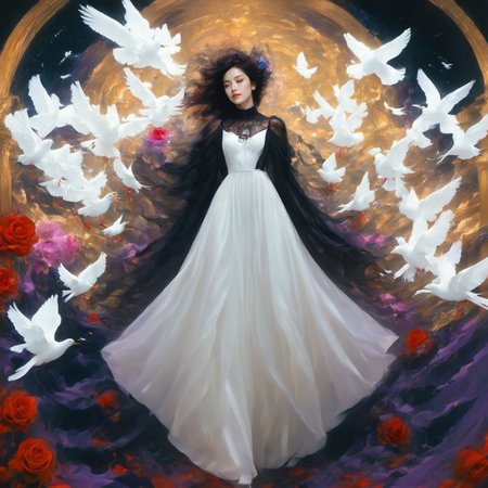 <lora:LangV2:0.85>, <lora:RuanV2:0.6>, <lora:KahoPonySRV1:0.9>, Kaho, pigeon, dress, rose, <lora:add-detail-xl:1.0>, 1girl, bird, black hair, solo, flower, long hair, dove, dress, long sleeves, red lips