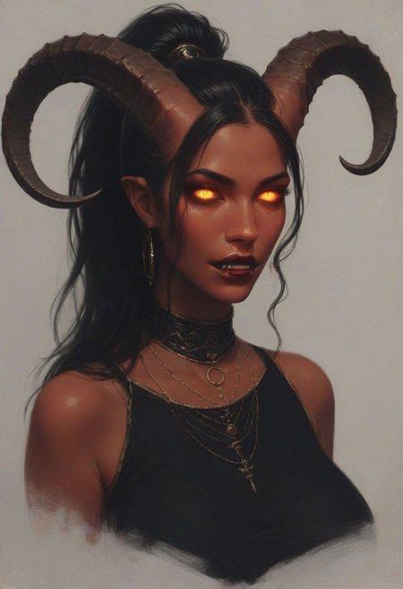 score_9, score_8_up, score_7_up, from front, 1girl, tiefling, dark red skin, big horns, big tail, cleric robes, ornate headdress, holy symbols, glowing eyes, fangs, (large breasts:1.0), upper body, portrait
4z0l4, black hair, lipstick, makeup, ponytail, topknot,
