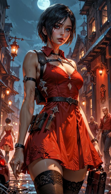 score_9, score_8_up, score_7_up,  1girl, ada wong, resident evil, short hair, dark hair, toned, Red wooly short dress, collared dress, harness, thighhighs, (shoulder holster), gothic, night, low-key lighting, dimly lit, dark, underground parking lot  <lora:Expressive_H-000001:0.8>, expressiveH        <lora:Fant5yP0ny:0.9> <lora:Pony_DetailV1.0:0.9>