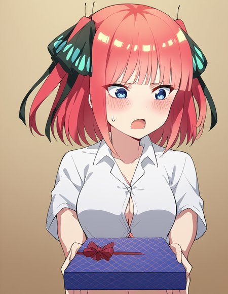 score_9, score_8_up, score_7_up, source_anime, <lora:nnakano-s2-ponyxl-lora-nochekaiser:1>, short hair, bangs, blue eyes, hair ornament, hair ribbon, pink hair, blunt bangs, two side up, butterfly hair ornament, large breasts,, <lora:incoming-gift-ponyxl-lora-nochekaiser:1>, incoming gift, outstretched arms, holding, holding gift, gift, gift box,, <lora:tsundere-ponyxl-lora-nochekaiser:1>, tsundere, blush, sweatdrop, open mouth, from side, speech bubble, bedroom, whirt shirt, naked shirt, open shirt, collared shirt, breasts apart, midriff, navel, no bra, collarbone,, cowboy shot,