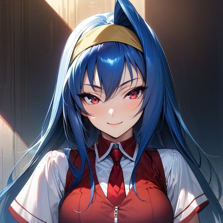 (masterpiece),(best quality),(ultra-detailed),(best illustration),(best shadow),(absurdres),(detailed background),(very aesthetic),
saki_tsuzura, blue hair, long hair, red eyes, yellow hairband, medium breasts, white shirt, red vest, red necktie, upper body, portrait, from the front view, seductive smile, 
<lora:XL-SakiTsuzura:1>