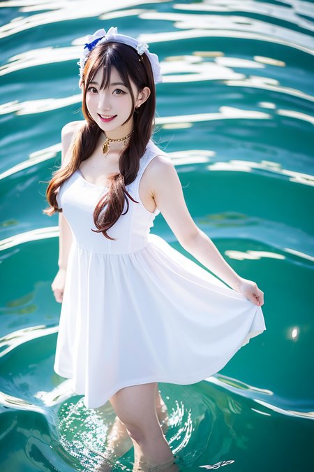 <lora:AcFun_Cherry:1>  AcFun_Cherry a woman in a white dress standing in the water, sailor uniform