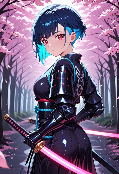 masterpiece, best quality, good quality, very aesthetic, absurdres, newest, 8K, depth of field,  in the style of cknc, artist:moriimee, in the style of cksc, 
1girl, short blue hair, shaved sides, red eyes, medium breasts, firm, armored kimono, glowing katana, glossy skin, striking pose, looking at viewer, from side
BREAK
neon-lit dojo, cherry blossoms, rain falling
BREAK
cool tones, neon glow, high contrast, reflective surfaces, rich details, intense atmosphere