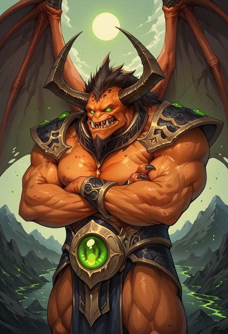zPDXL3, score_9, score_8_up, score_7_up, detailed face, detailed body, detailed background, perfect anatomy, masterpiece, high quality, best quality, source_monster, outside, green sky, volcano, green lava, particles BREAK (three-quarter view, cowboy shot, crossed arms:1.2), doomguard_wow, orange skin, demon wings, sharp teeth, monster, green eyes, glowing eyes, horns, no pupils, (beefcake, muscular, big pecs, broad shoulders), looking at viewer, armor, shoulder pads, hand, 3 fingers <lora:detailed_notrigger:1> <lora:Doomguard_WoW_V1:0.8>