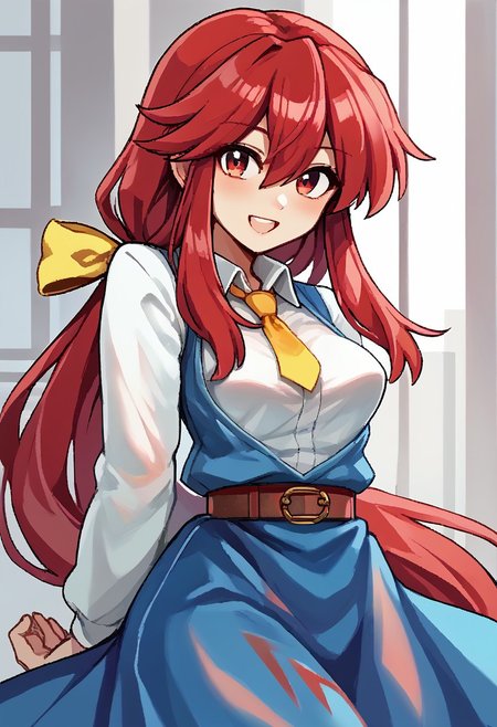 score_9, score_7_up, source_anime, source_cartoon, source_explicit, BREAK, colorful, aesthetic, illustration, kotohime (touhou), long hair, red hair, red eyebrows, hair between eyes, bangs, sidelocks, low-tied long hair, tied hair, low ponytail, hair ribbon, yellow ribbon, red eyes, breasts, white shirt, collared shirt, long sleeves, yellow necktie, blue vest, brown belt, blue skirt, hands behind back, open mouth, smile, teeth, simple background, looking at viewer, facing viewer, standing in front of viewer, standing