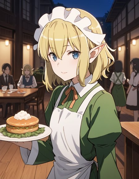 score_9, score_8_up, score_7_up, source_anime, BREAK
1girl, crowd, blurry background, looking at viewer, indoors, wooden room, dark room, night,
ryuu lion, short hair, blonde hair, hair between eyes, pointy ears, blue eyes,
waitress outfit, maid headdress, neck ribbon, green dress, collared dress, white apron, juliet sleeves, long sleeves, from side,
plate, holding plate, food, walking, light smile, 
<lora:ryuu_lion_anime_v2-soralz:1>,
BREAK
long hair, black hair, multiple girls,