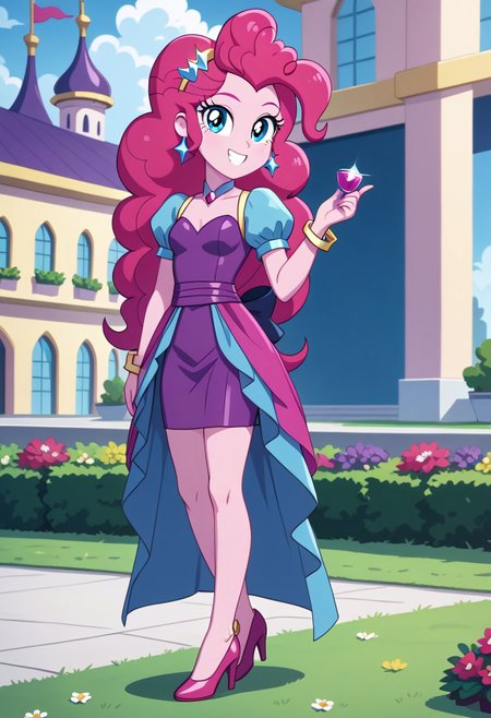 score_9, score_8_up, score_7_up, score_6_up, from My Little Pony Equestria Girls, a very young little human girl Pinkie_Pie wearing a fit blue|sky|green|brown|darkpurple|red|yellow gradients colors short princess dress, elegant detailed princess shoes, solo, 1girl, little princess girl, dark pink hair with crown hairband, smile, childhood, looking at viewer, glow detailed eyes, garden of canterlot, tul, chiffon, laces, semi realistic cartoon, unreal engine 5,  full body close-up, absurdres, digital art, soft light, perfect hands, perfect, hands, perfection, soft pink skin, skyblue eyes, party accesories and shoes, jewelry, tres chic,<lora:age_slider_v4:-4>,