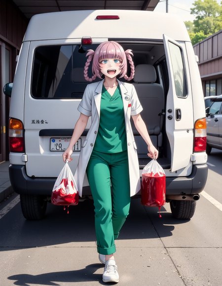 (source_anime:1.5),(Nazuna/(Yofukashi no Uta/):1.6),eye detail,(Hair and eye max detail:1.4),vampire style with large vampire fangs visible,Image shows a young girl getting out of the back of an ambulance with a bag of blood transfusions in each hand,(cumface:1.5),mouth open laughing and showing her fangs and some thick blood dripping down her chin,(fangs on teeth sticking out:1.6),(walking towards camera:1.6),1 girl,alone,<lora:FLUX_NAZUNA:1.4>,(light pink hair with straight bangs and a zigzag part in the middle, tied into two high braids on the sides that turn into a circle around the ears:1.6),<lora:Anime_detail_eye:1>,very slanted or elongated blue eyes,with red eyeshadow under the eyes,(dressed in a doctor's uniform, with a green short-sleeved jacket, (with an identification with her name:"NAZUNA":1.5), green pants and white clogs, splattered with blood),
<lora:FLUX_AntiBlur:2.5>,<lora:animeflux_lora:1>,<lora:cumzilla-flux-v2:1>,