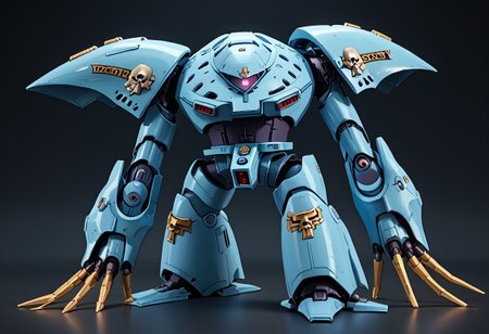 score_9, score_8_up, score_7_up, source_anime, front view, BREAK,  ( hygogg, blue_hygogg_armor, pink monoeye, from side, looking at viewer, long arms, very long arms, long claws) 1mech, blue mech, wide mech, large shoulders, large shoulder armor, mech focus, solo, BREAK, two arms, GreyK40k, bendy arms, gold trim, skull decorations,
