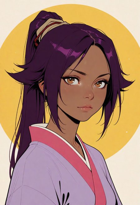 HDR, 8K, high contrast, masterpiece, best quality, amazing quality, very aesthetic, retro artstyle, realistic, promotional art, newest, volumetric lighting, 
(artist:incase:0.5), (artist:tsuaii:0.5),  (flat colors:2), haiz_ai, no lineart, no outline, color theory,
1girl, portrait, yoruichi shihouin, kimono,
Neutral background,