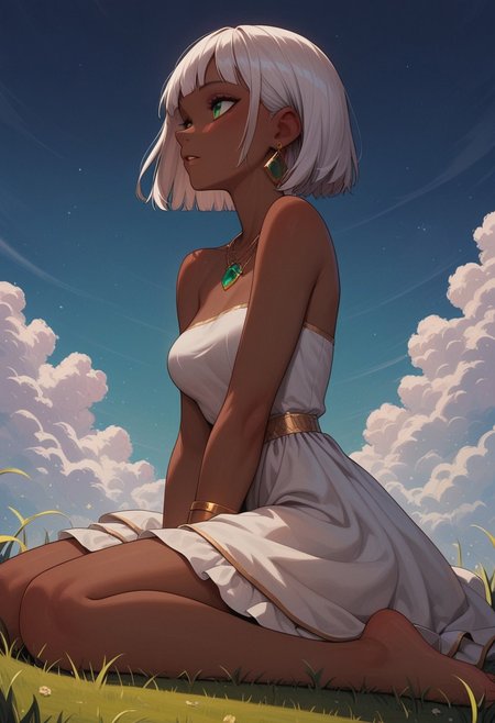 masterpiece, best quality, amazing quality, p0nyd1sney1ncasev1x0n2:1.5, 1girl, 25 years old, perfect face, 
green eyes, 
dark skin, 
white hair, bob cut, 
gold bracelet, gold earrings, gold necklace,   
necklace, green pendant, 
white dress, layered dress, sleeveless, strapless, sundress, skirt under dress, 
sitting, wariza, hand between legs, barefoot,
on grass, sky, from side