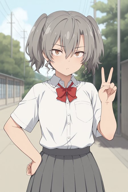 masterpiece, best quality, amazing quality, 1girl, sh10r1s41t0u, grey hair, short hair, twintails, hair between eyes, brown eyes, school uniform, tshirt, collared_shirt, red bow, skirt, outdoors, aesthetic, hand on own hip, v, solo