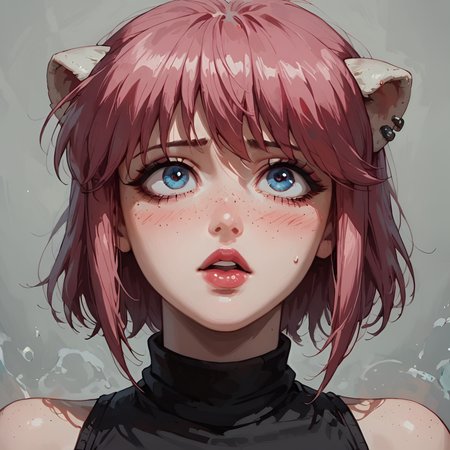 score_9, score_8_up, score_7_up,  pinup girl pose,seductive, lucy, 1 sexy girl, pink hair, bob hair, wave hair, makeup, lipstick, big round eyes, turtleneck, looking up, (blushing:1.1), shy, rounded eyes, (perfect eyes:1.2),  small breasts, cleavage, perfect face, (curvy body:1.3), semi realistic, heavy freckles,   simple background, 80s, retro, emo, goth, eyelashes  closeup shot, close up, macro shot, <lora:Concept Art Twilight Style SDXL_LoRA_Pony Diffusion V6 XL>  <lora:Expressive_H-000001><lora:add-detail-xl> <lora:Char-LucyEL-pony.safetensors:0.8> <lora:GTHAN.safetensors:0.3> <lora:KenvaRetro.safetensors:0.3>, , ,