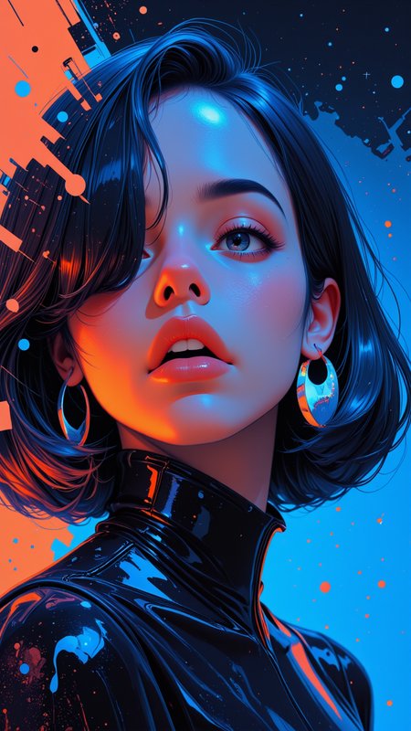 woman, fluxij, pouty face, fractured neon geometry, swirling fog and electric shadows drifting, cinematic lighting with iridescent glitch halos, glitch core image, blue, orange <lora:Fluxij-000006:1>