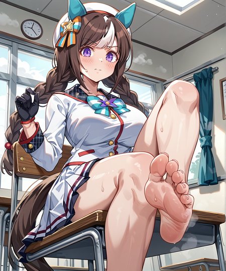 score_9,score_8_up,score_7_up,2D animation style,source_anime,anime screencap,rating_explicit,best quality,masterpiece,Japanese Anime Style,(solo),(1girl),looking at viewer,<lora:uma_hokko_tarumae_ponyxl>,hokko tarumae (umamusume),brown hair,two-tone hair,twin long braids,purple eyes,horse girl,horse ears,ear cover,horse tail,white headwear,hair bow,striped bow,sailor collar,long sleeves,collarbone,(white jacket),half gloves,mismatched gloves,black gloves,white gloves,long sleeves,bowtie,white skirt,large breasts,outdoor,school,embarrass,flustered,(angry:0.8),foot fetish,(foot focus),(steaming body:1.3),toes,thick thighs,barefoot,indoor,classroom,disdain,evening,from_below,white socks,sitting on chair,