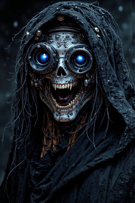 analog film photo Realistic portrait of a sinister, enigmatic figure with a malevolent grin. The figure wears intricately designed, mechanical goggles that emit a cold, blue light, casting an eerie glow on their eyes. The grin reveals sharp, menacing teeth, adding to the figureâs unsettling demeanor. The figure's long, disheveled hair frames their face, and they are draped in a dark, tattered cloak. The background is a deep, shadowy blackness, enhancing the figure's menacing presence. The lighting is dramatic and highlights the gleaming, mechanical details of the goggles, intensifying the overall mood of eerie tension and malevolence. <lora:- Flux1 - vanta_black_V1.0.safetensors:1.0>,  <lora:aidmaImageUpgrader-FLUX-V0.1.safetensors:1.0>, detailmaximizer <lora:Dever_Flux_Enhancer.safetensors:1.0>, dev <lora:FluxFantasyKnightsV1.safetensors:1.0>, hkstyle <lora:FluxDFaeTasticDetails.safetensors:0.05>, mythp0rt . faded film, desaturated, 35mm photo, grainy, vignette, vintage, Kodachrome, Lomography, stained, highly detailed, found footage