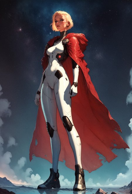 score_9, score_8_up, score_7_up,  woman in a white latex suit, galactic queen, solo, full body, standing, legs, against night sky, galactic throne, star sky, galaxy, Star Trek setting, retrofuturism, blonde hair, (very short hair:1.2), high top cut, red cape  <lora:pony/twilight_style:0.8> concept art <lora:pony/expressiveh:0.8> expressiveh, <lora:pony/kenva:0.7> <lora:sdxl/sinfully_stylish_sdxl>