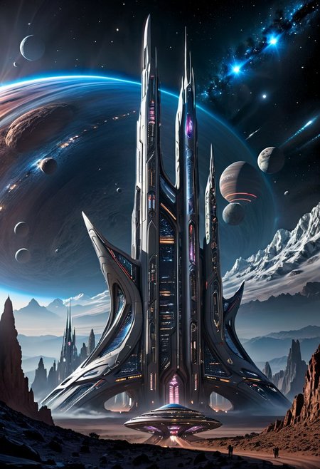 Illustrate an awe-inspiring headquarters of an interstellar alien space force, a monumental structure that defies earthly architecture. The headquarters looms majestically over a sprawling, futuristic cityscape, its towering spires reaching towards the star-studded sky. The entire complex is adorned with intricate, alien symbols and glowing, pulsating lights that cast an ethereal glow across the landscape. Massive, crystalline windows reflect the dazzling light of distant galaxies, creating a mesmerizing play of colors and patterns. Strange, otherworldly spacecraft hover in the skies above, ready to embark on intergalactic missions. The air is filled with a sense of mystery and grandeur as the headquarters stands as a testament to the advanced technology and power of the interstellar alien space force.