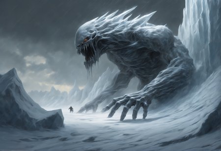 The monochromatic painting depicts a colossal, bony hand emerging from an icy abyss. The hand is deformed and adorned with long, sharp claws. The background is dominated by ice and snow, creating a cold and hostile atmosphere. The hand appears to be breaking through the reflective surface of the ice, hinting at a massive creature lurking beneath. (A blizzard rages on, adding to the intensity, while the snowstorm envelops the scene, making the hand's emergence even more dramatic:1.2).

concept art, digital painting, matte painting, megascans, octane rendering, god rays, ray tracing, lumen, high-resolution
