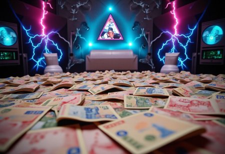 in the foreground front of screen is a depiction of $20 and $50 australian dollar notes. in the background are neat backpiles of money cash falling from sky paper money in front of camera scene similar to gozer the destructor from futuristic divinity ghostbusters with australian money cash currency falling in front of the camera multi colored bolts of high intensity electricity and lightning as well as holograms of futuristic cubes projecting around the room with eyeballs inside them