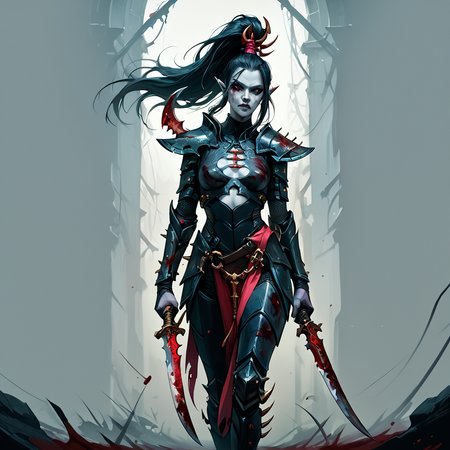 score_9, score_8_up, score_7_up, score_6_up, score_5_up, score_4_up, source_anime, <lora:aeldari_Pony_2:1> aeldari, drukhari, standart drukhari, full black drukhari's armor, 1girl, armor, blood, colored_skin, dagger, holding_sword, holding_weapon, jewelry, long_hair, pointy_ears, sword, weapon, pale skin, ((black armor))