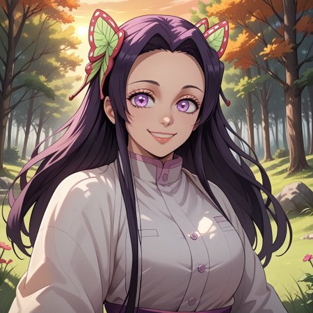 score_9, score_8, BREAK, solo, Kanae Kocho, long dark hair, violet eyes, busty, beautiful, haori, sexy pose, self portrait, smile, outdoors, sunlight, shadows, evening lighting, natural lighting, forest, trees, grass, orange sky, sunset